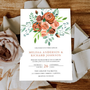 Earthy Burnt Orange Rose Bouquet Floral Wedding Einladung