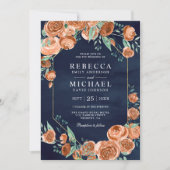 Earthy Burnt Orange Rose Floral Navy Blue Wedding Einladung (Vorderseite)