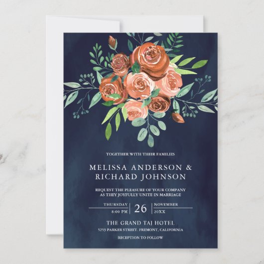 Earthy Burnt Orange Rose Floral Navy Blue Wedding Einladung (Vorderseite)