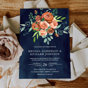 Earthy Burnt Orange Rose Floral Navy Blue Wedding Einladung