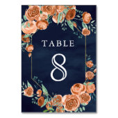 Earthy Burnt Orange Rose Floral Navy Blue Wedding Tischnummer (Vorderseite)