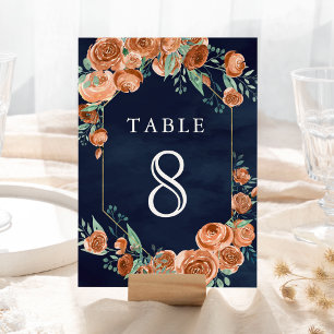 Earthy Burnt Orange Rose Floral Navy Blue Wedding Tischnummer