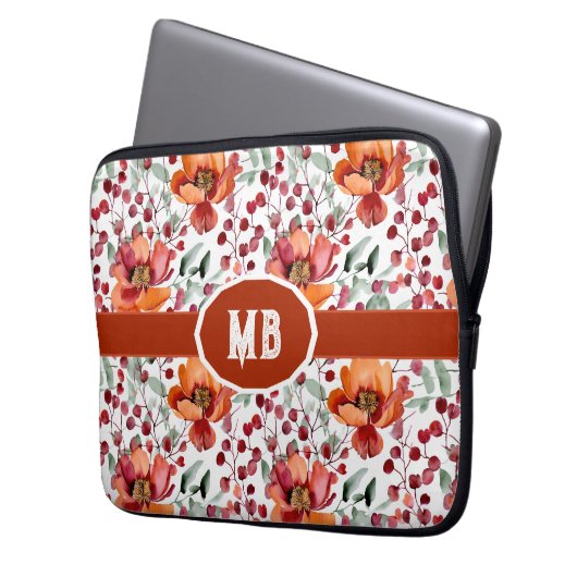 Earthy Colors, Fall Flowers Monogrammed Laptopschutzhülle (Vorderseite Links)