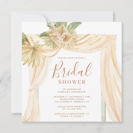 Earthy Drilling Palm Blätter Boho Arch Brautparty Einladung (Vorderseite)