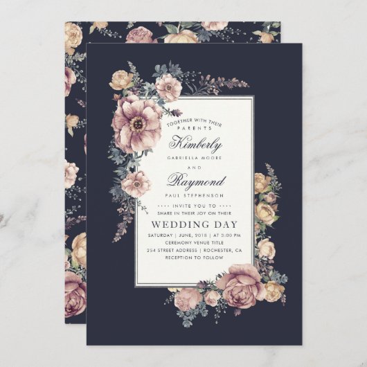 Earthy Dusty Rose and Navy Blue Floral Wedding Einladung (Vorne/Hinten)