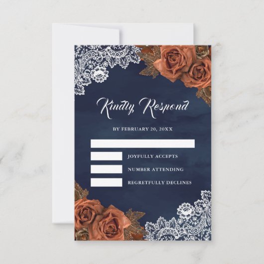 Earthy Dusty Terracotta Rose Navy Blue Wedding RSVP Karte (Vorderseite)