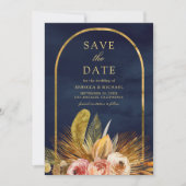 Earthy Floral Arch Gold Navy Blue Wedding Save The Date (Vorderseite)