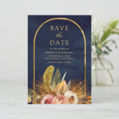 Earthy Floral Arch Gold Navy Blue Wedding Save The Date (Stehend Vorderseite)