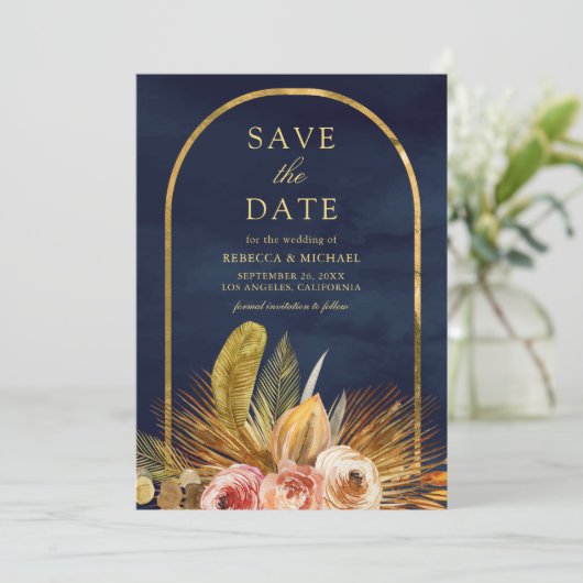 Earthy Floral Arch Gold Navy Blue Wedding Save The Date (Stehend Vorderseite)