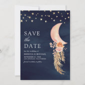 Earthy Floral Crescent Moon Navy Blue Wedding Save The Date (Vorderseite)