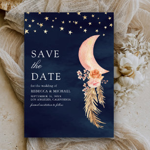 Earthy Floral Crescent Moon Navy Blue Wedding Save The Date