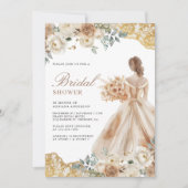 Earthy Floral Gold Lace Gown Dress Brautparty Einladung (Vorderseite)