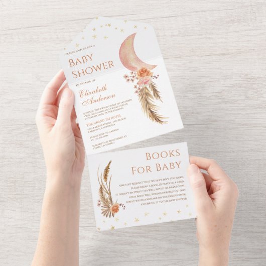 Earthy Floral Pampas Crescent Moon Baby Shower All In One Einladung (Abreißen)