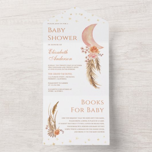 Earthy Floral Pampas Crescent Moon Baby Shower All In One Einladung (Innen Boden)