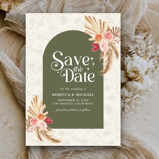 Earthy Floral Pampas Sage Green Wedding Save The Date
