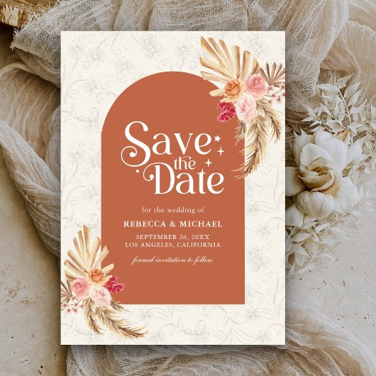 Earthy Floral Pampas Terracotta Wedding Save The Date