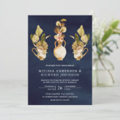 Earthy Floral Pots Drilling Palm Navy Blue Wedding Einladung (Stehend Vorderseite)