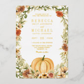 Earthy Floral Pumpkin Foto Collage Wedding Gold Folieneinladung (Vorderseite)