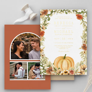 Earthy Floral Pumpkin Foto Collage Wedding Gold Folieneinladung