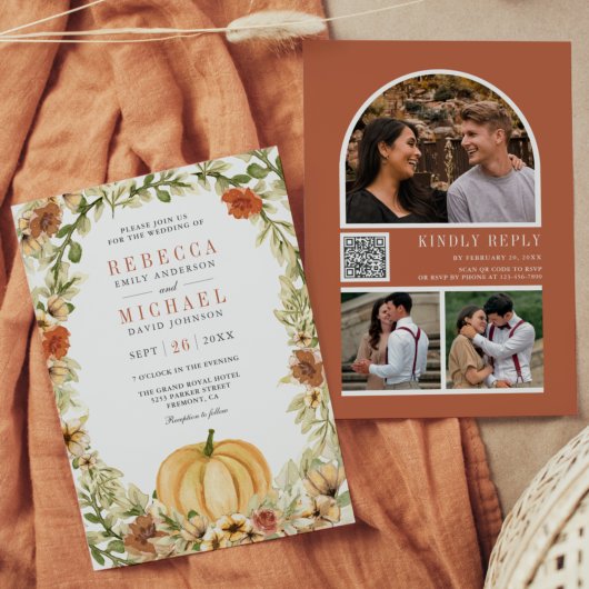 Earthy Floral Pumpkin Terracotta QR Code Wedding Einladung