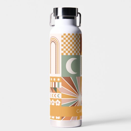 Earthy Geometric 70er Retro Personalisiert Name Trinkflasche (Vorne)