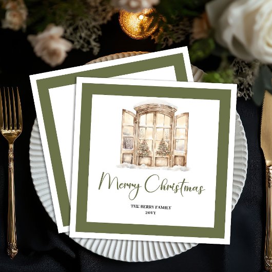 Earthy Green Christmas Door Personalized Napkins Serviette