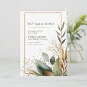 Earthy Green & Gold Minimalistisch Leaf Wedding Einladung (Stehend Vorderseite)