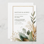 Earthy Green & Gold Minimalistisch Leaf Wedding Einladung (Vorne/Hinten)