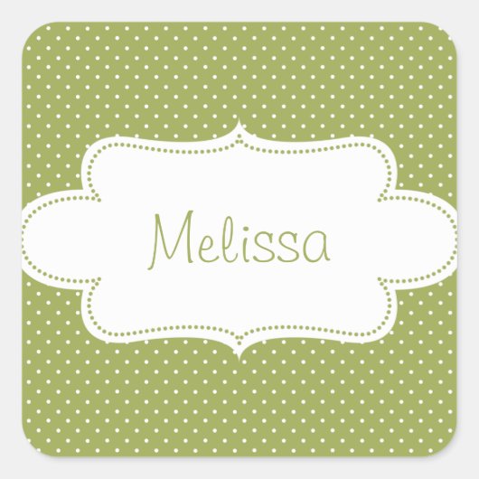 Earthy Green Polka Dots mit Label Quadratischer Aufkleber (Vorderseite)