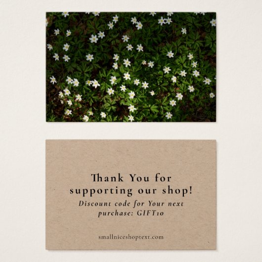 Earthy green shop thank you card with discount (Vorne & Hinten)