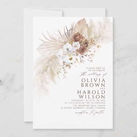 Earthy Hues Blume Elegante Pampas Grass Wedding Einladung (Vorderseite)