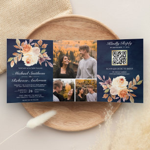 Earthy Ivory Floral Navy Blue QR Code Hochzeit Dreifach Gefaltete Einladung