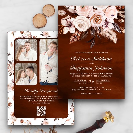Earthy Ivory Floral QR Code Terracotta Wedding Einladung