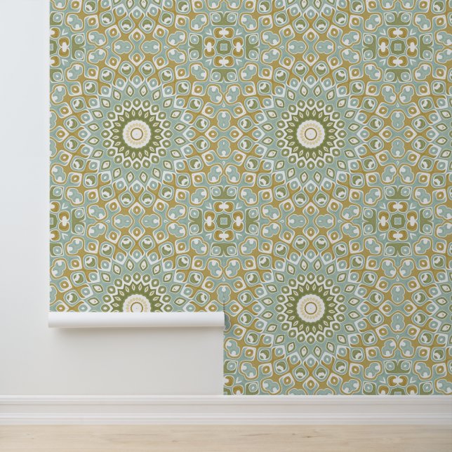 Earthy Mandala in Green, Gold, and Soft Blue Tapete (Anwendung)