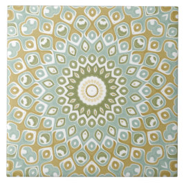 Earthy Mandala in Green, Gold und Soft Blue Fliese