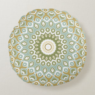 Earthy Mandala in Green, Gold und Soft Blue Rundes Kissen