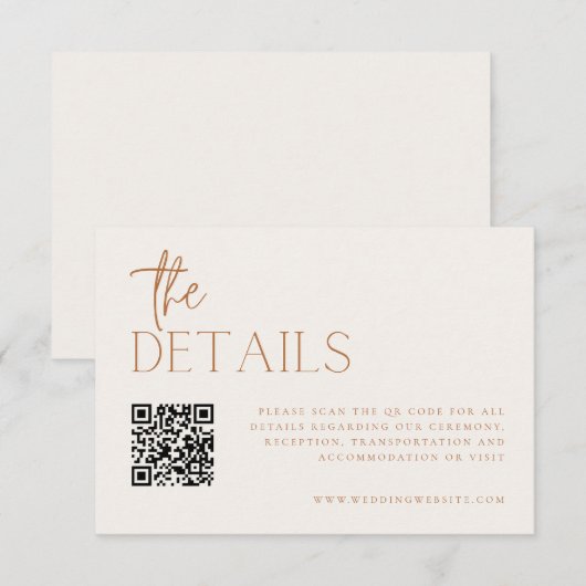 Earthy Minimal Wedding Details QR Code Begleitkarte (Vorne/Hinten)