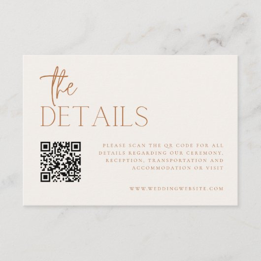 Earthy Minimal Wedding Details QR Code Begleitkarte (Vorderseite)