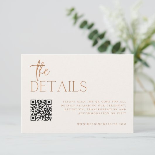 Earthy Minimal Wedding Details QR Code Begleitkarte (Stehend Vorderseite)