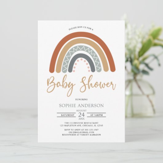 Earthy Mute Tones Boho Rainbow Baby Shower Einladung (Stehend Vorderseite)