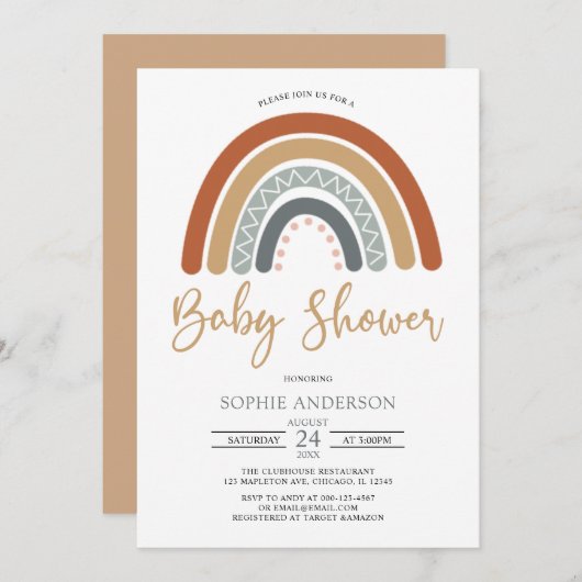 Earthy Mute Tones Boho Rainbow Baby Shower Einladung (Vorne/Hinten)
