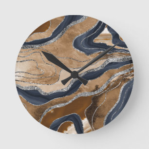 Earthy Navy Blauer Marmor Agate Silver Glitzer 1 Runde Wanduhr