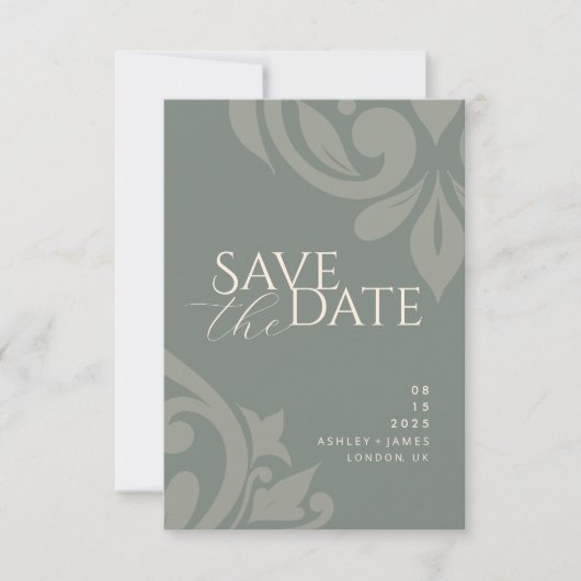 Earthy Olive Classic Damask Elegantes Foto Hochzei Save The Date (Vorderseite)