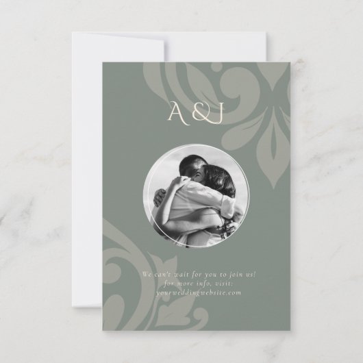 Earthy Olive Classic Damask Elegantes Foto Hochzei Save The Date (Rückseite)