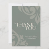 Earthy Olive Classy Elegante Damask Foto Hochzeit Dankeskarte (Vorderseite)
