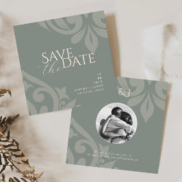 Earthy Olive Damask Elegantes klassisches Foto Hoc Save The Date