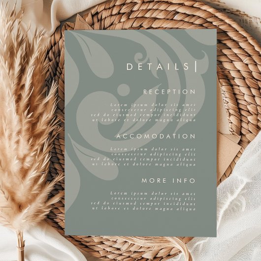 Earthy Olive Damask Stilvolle Hochzeitdetails Begleitkarte