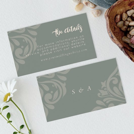Earthy Olive Elegante Classic Damask Wedding Begleitkarte