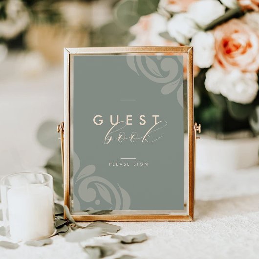 Earthy Olive Elegante Minimal Damask Gästebuch