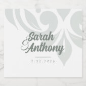 Earthy Olive & Ivory Damask Moderne Script Wedding Schaumweinetikett (Einzelnes Label)